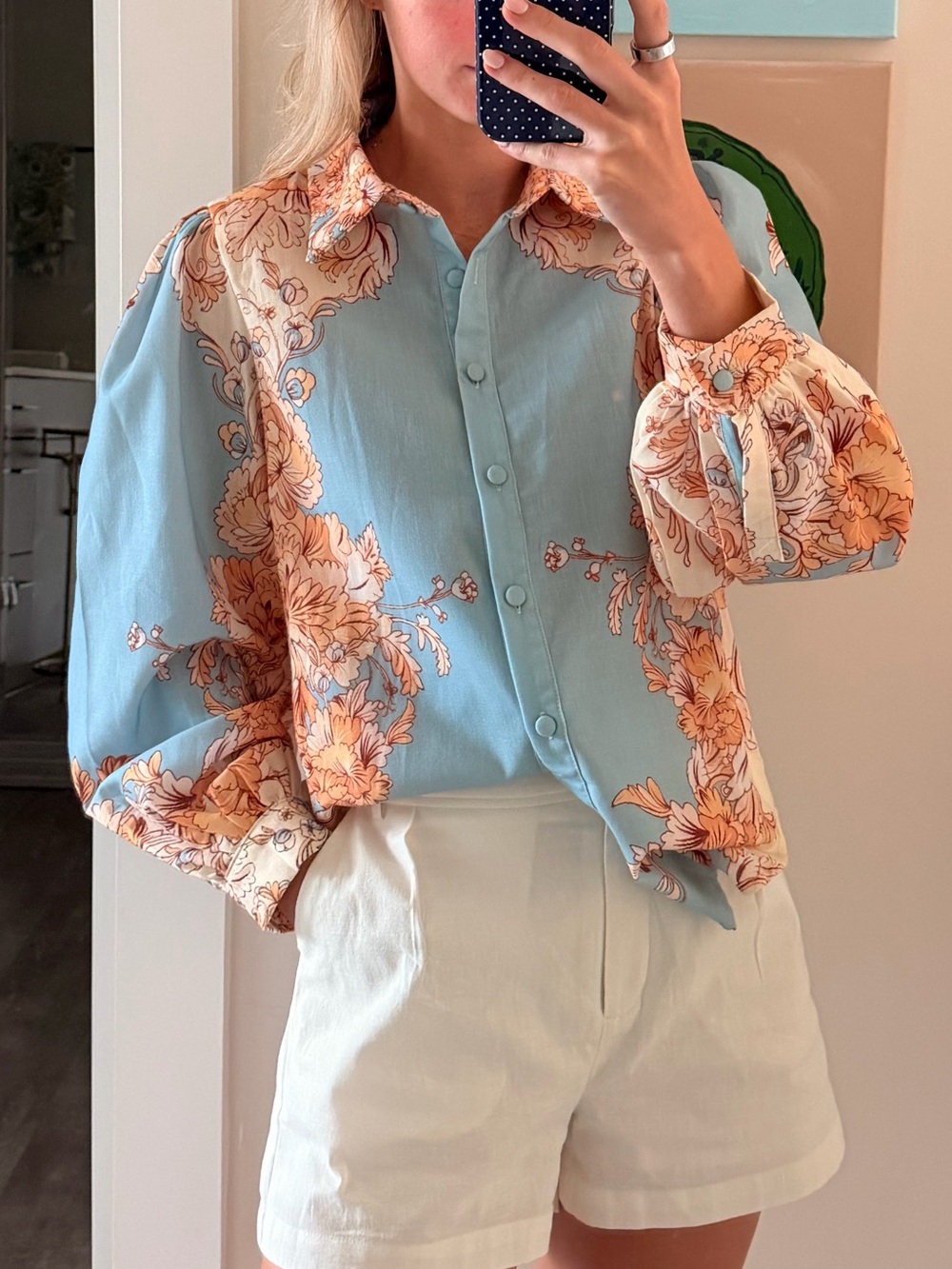 Blue Floral Button-Up Blouse